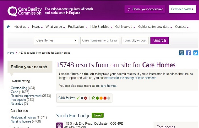 CQC finding a care home in England