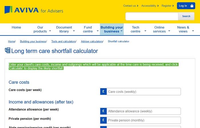AVIVA - long term care shortfall calculator