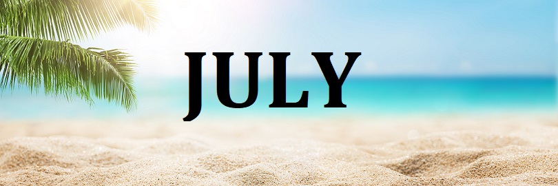 What's new in July? Image of a sunny beach with the sea in the background