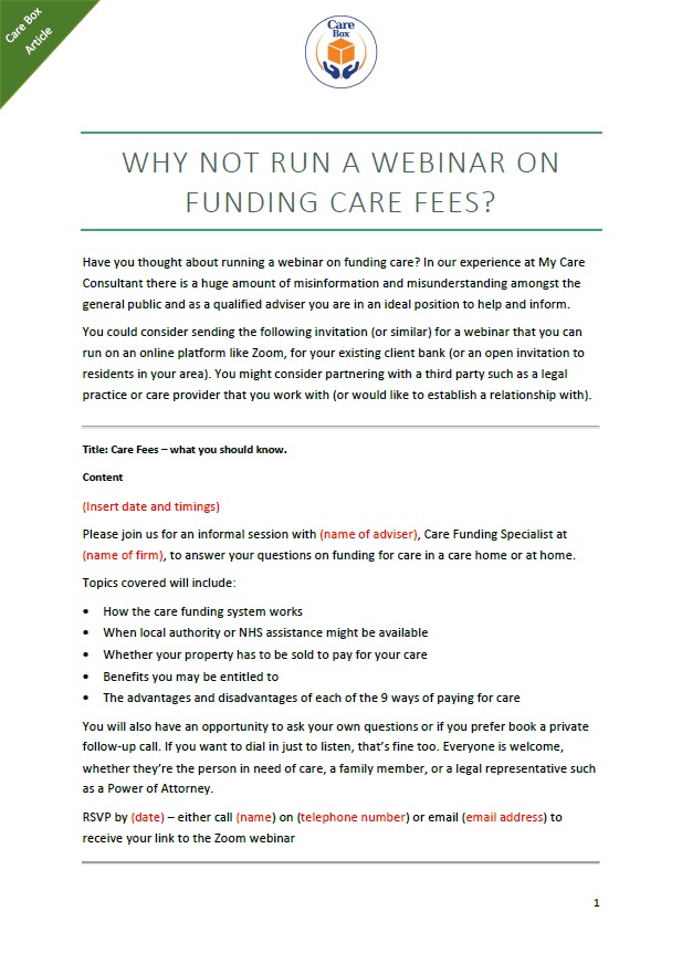 Why not run a webinar on funding care fees