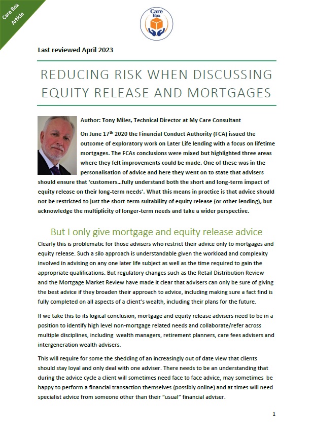 Reducing risk when discussing Equity Release and mortgages