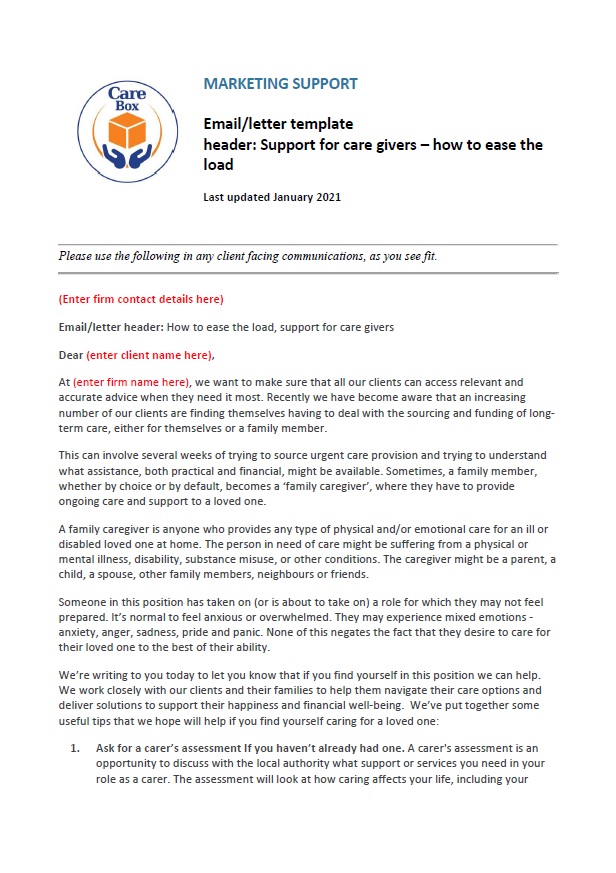 Example client-facing letter - support for care givers