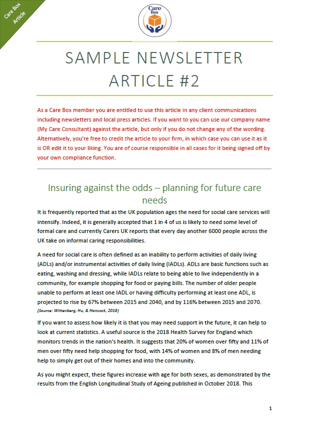 Sample article 2 - Insuring against the odds – planning for future care needs